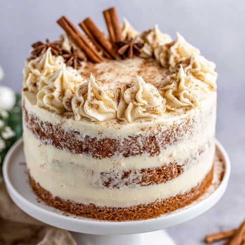 A cake with white frosting and cinnamon on top.