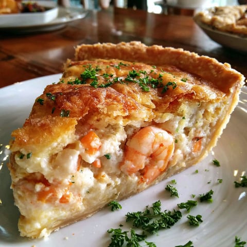 A slice of shrimp pie on a white plate.