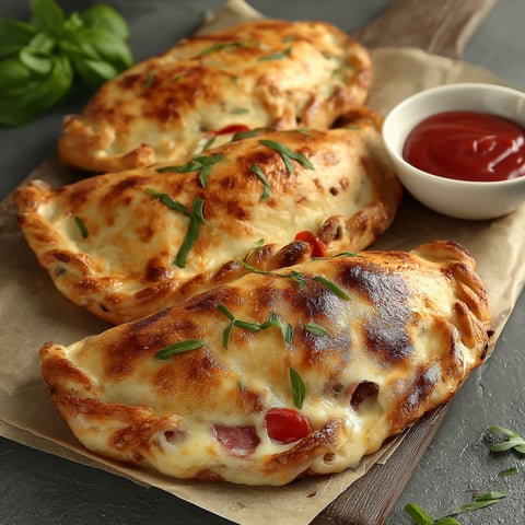 A pizza calzone with beef.