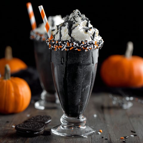 A black milkshake with orange straws.