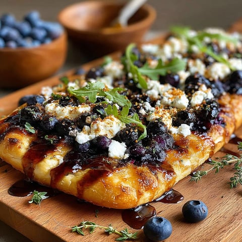A flatbread with blueberries and feta cheese topped with hot honey.