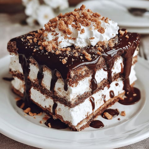 A slice of chocolate graham cracker icebox cake.