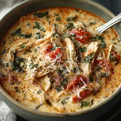 A bowl of chicken soup with tomatoes and cheese.