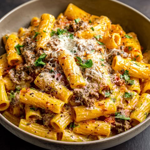 A bowl of pasta with meat and cheese.