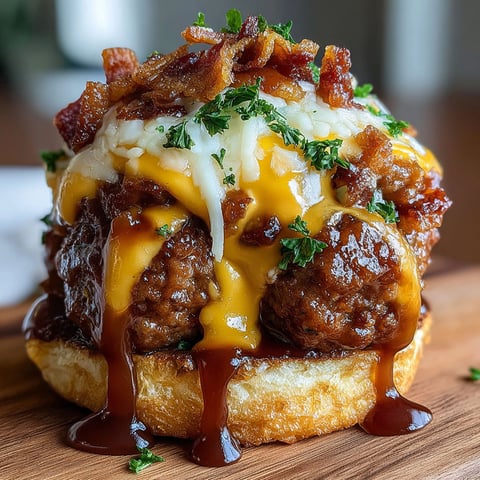 A close up of a sizzling bourbon BBQ bacon cheeseburger meatball.