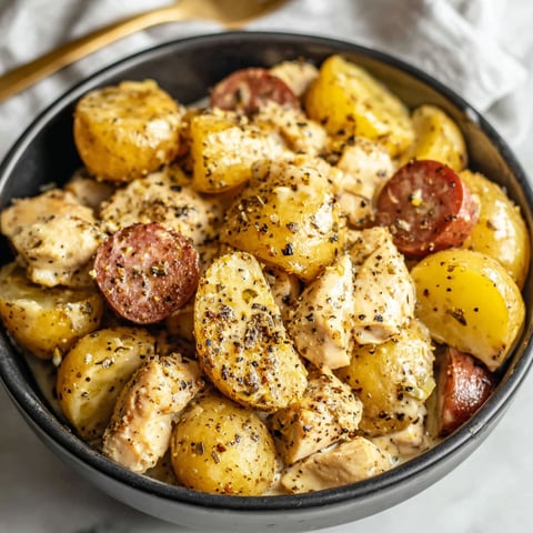 A bowl of chicken and potatoes.