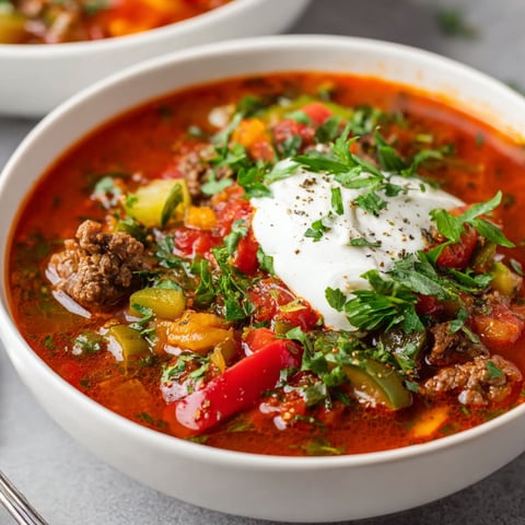 A bowl of soup with a dollop of sour cream on top.