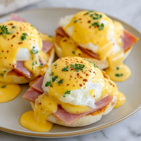 Two eggs benedict with ham and cheese.