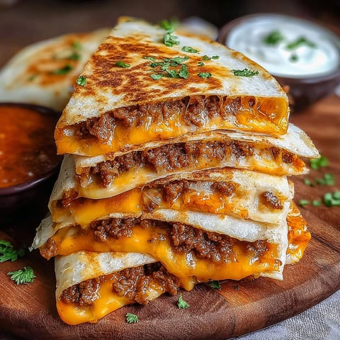 A stack of beef quesadillas on a wooden table.