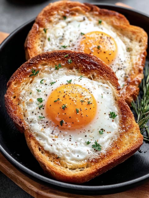 Two pieces of toast with eggs on top.