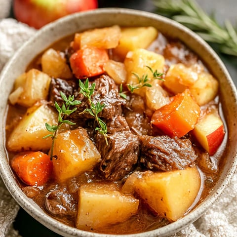 A bowl of stew with meat and vegetables.