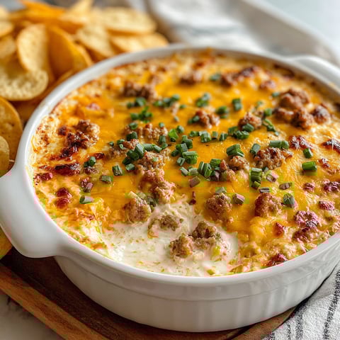 A creamy sausage and cheddar cheese dip in a white bowl.