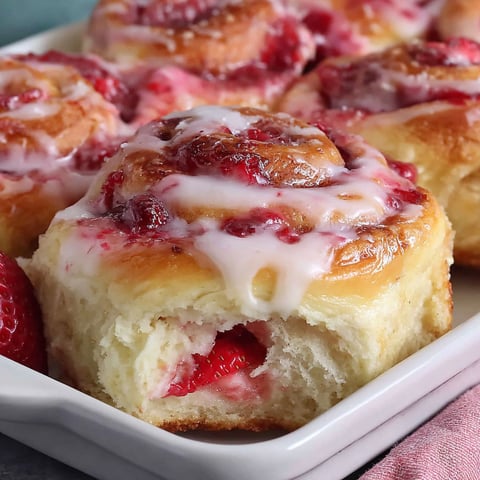 A plate of cinnamon rolls with strawberries on top.