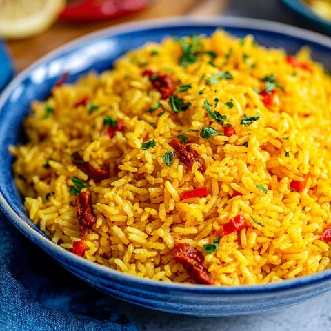 A bowl of rice with red peppers and herbs.