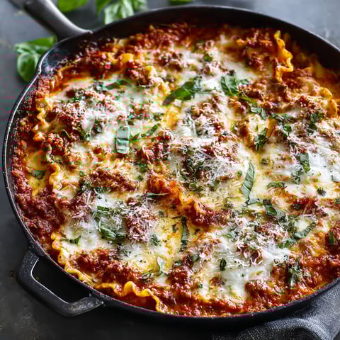 A skillet of lasagna with cheese and spinach.