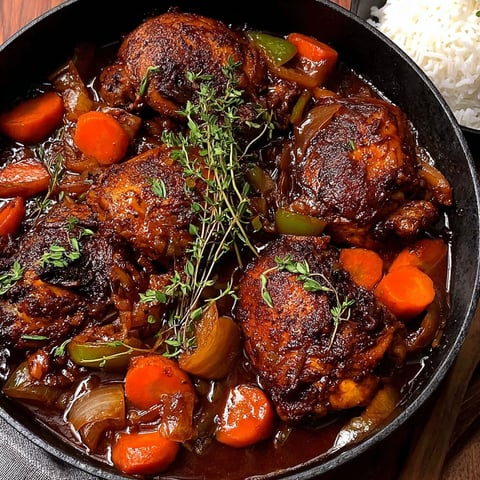 A close up of a delicious savory Jamaican brown stew chicken.
