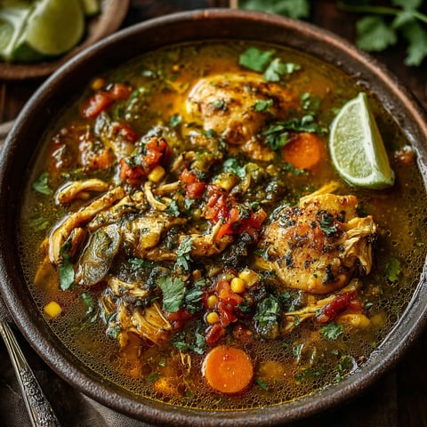 A bowl of chicken stew with green chili.