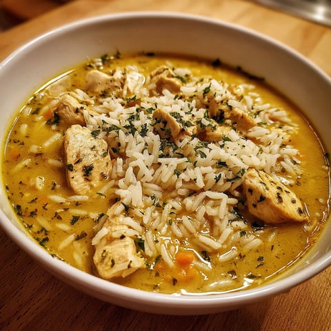 A bowl of rice and chicken soup.