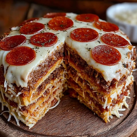 A slice of pepperoni pizza layer cake.