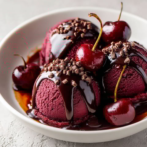 A bowl of red wine ice cream with dark chocolate sauce and cherries.