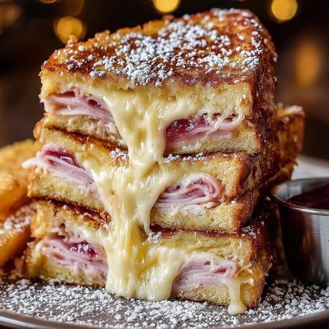 A Monte Cristo sandwich with cheese and ham.