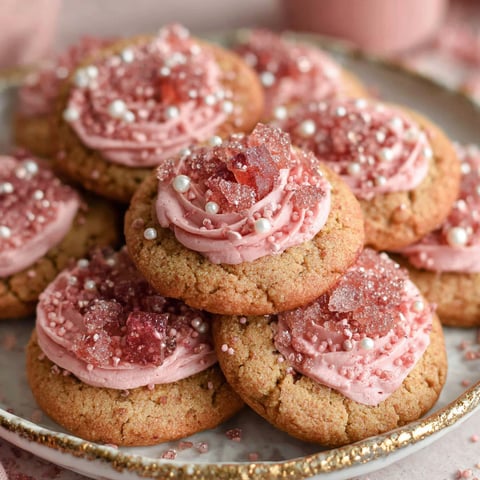 A plate of cookies with pink frosting and white sprinkles.