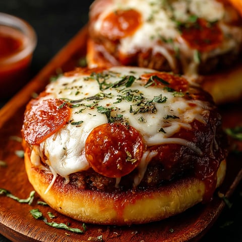 Two pizza burgers with cheese and pepperoni on a wooden tray.