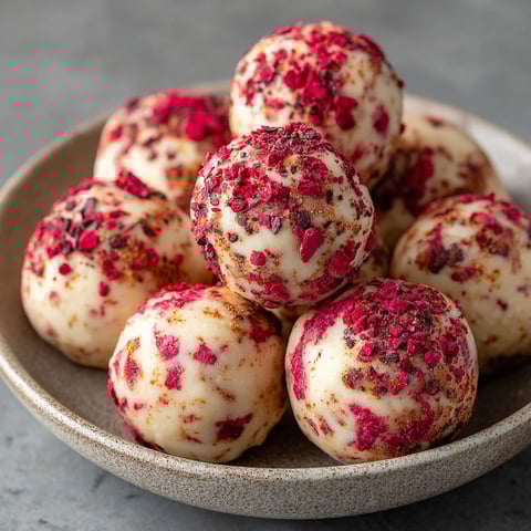 A bowl of protein balls with red strawberry topping.