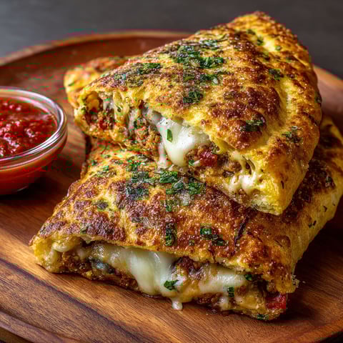 A high-protein keto calzone is served on a wooden platter.