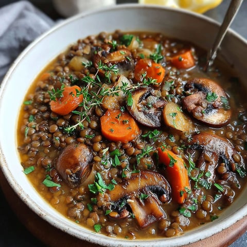 A bowl of soup with mushrooms and carrots.