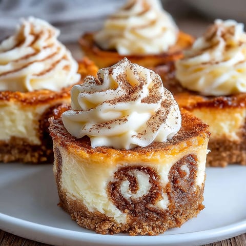 Mini cinnamon roll cheesecakes on a plate.