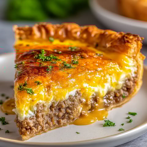 A slice of a one-pan cheeseburger pie dinner.