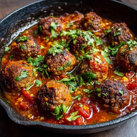 A bowl of Moroccan Cinnamon Meatballs in Tomato Sauce.