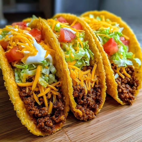 Three cheesy beef tacos on a wooden table.