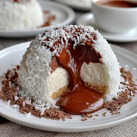 A coconut dome with chocolate spread on top.