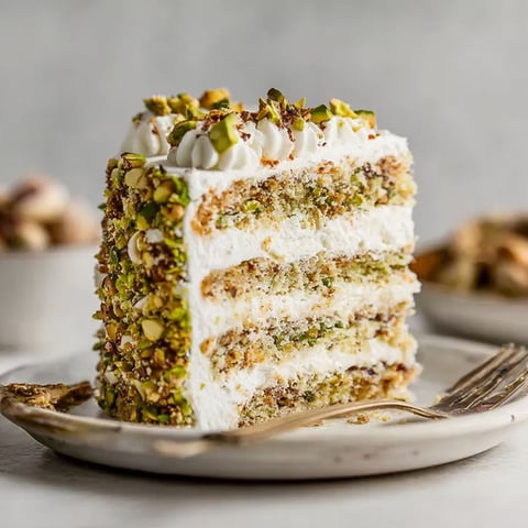 A slice of pistachio cake on a plate.