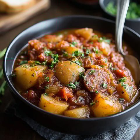 A bowl of goulash with potatoes and peppers.