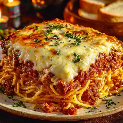 A plate of baked spaghetti with five layers of cheese.