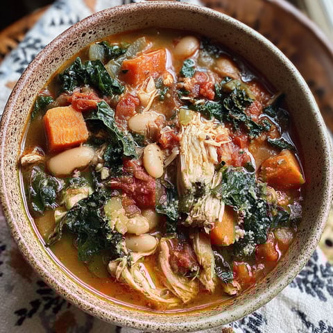 A bowl of soup with chicken, beans, and kale.