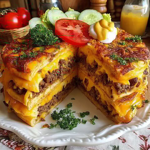 A cheeseburger-torte on a plate.