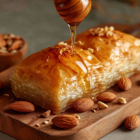 A slice of baklava with honey drizzled on top.