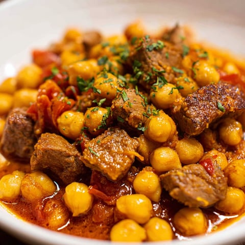 A bowl of meat and chickpeas.