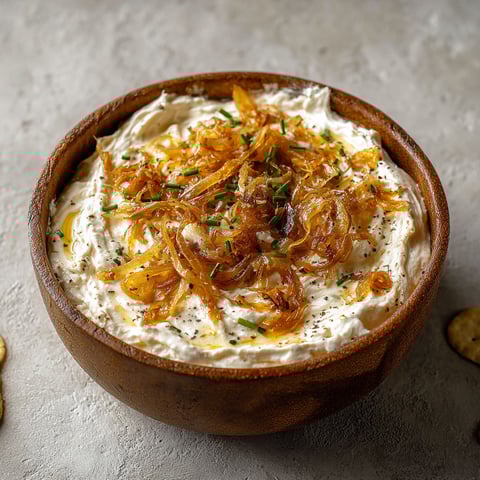 A bowl of caramelized onion dip.