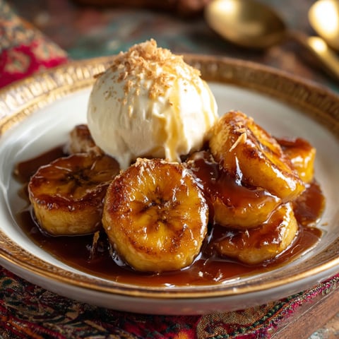 A plate of bananas with caramel sauce and vanilla ice cream.