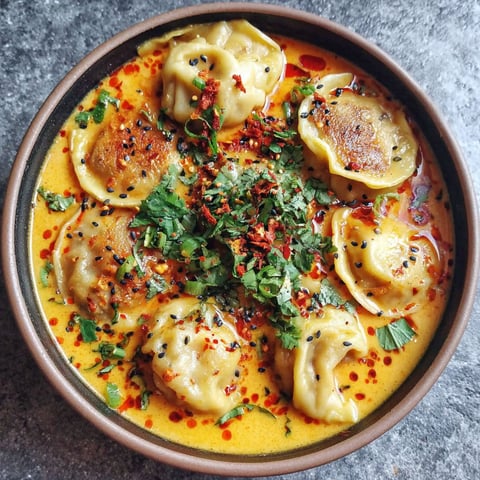 A bowl of soup with dumplings and spices.