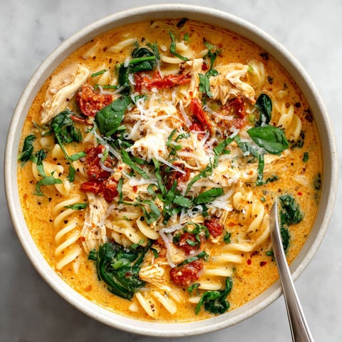 A bowl of chicken soup with pasta and spinach.