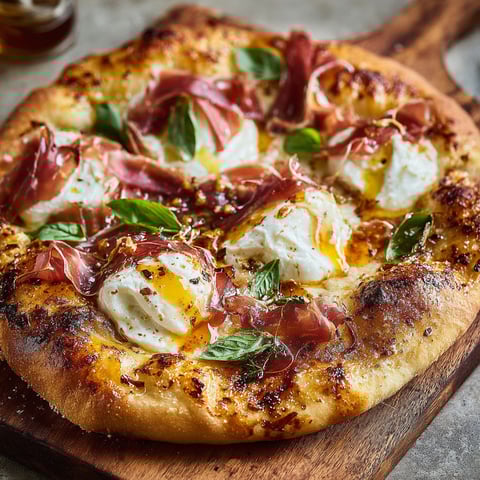 A pizza with prosciutto and honey burrata.