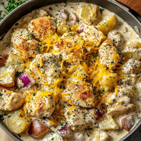 A dish of chicken and potatoes with cheese and garlic.