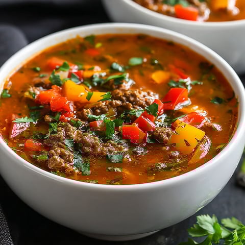 A bowl of soup with meat and vegetables.