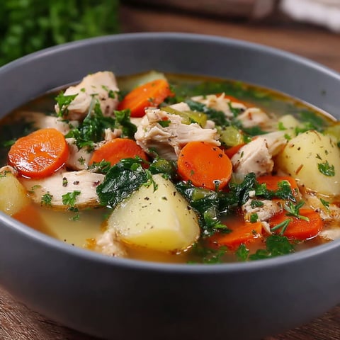 A bowl of soup with chicken, carrots, and greens.